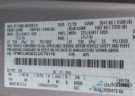 2020 Ford Escape Se из США, поврежденный, VIN 1FMCU9G63LUC76116